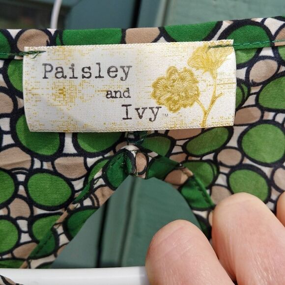 Paisley & Ivy Mod Green Tan Geometric Shift Dress - Picture 7 of 8